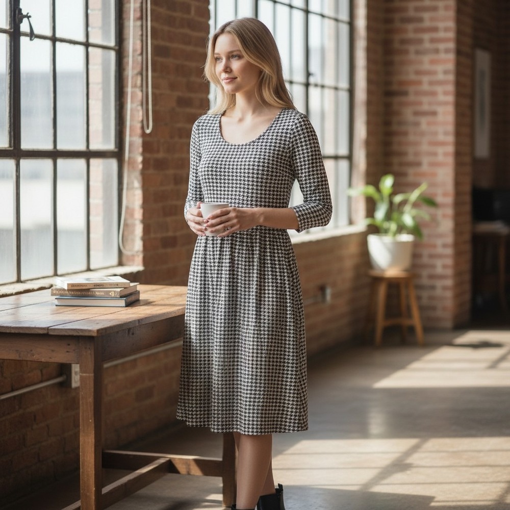 Lands' End Brown White Houndstooth Fit & Flare Dress XS 2-4 3/4 Sleeve Scoop